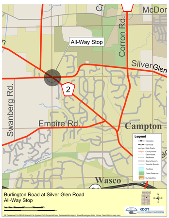 Map of new multi-way stop at the intersection of Burlington Road and Silver Glen Road in the Village of Campton Hills