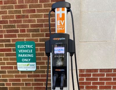 An electric vehicle (EV) charging station at the Kane County government center in Geneva. 