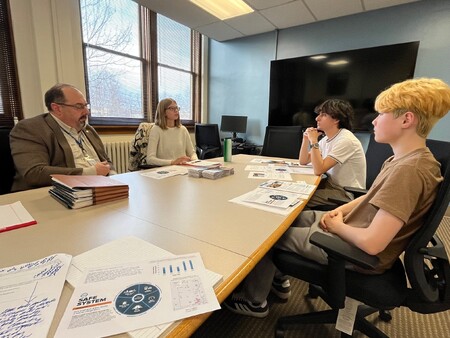 Kane County Division of Transportation officials Tom Rickert, Chief of State and Deputy Director of Transportation, and Gretchen Klock, Regional Planning Liaison/Bicycle and Pedestrian Liaison along with students Reed and Bryner