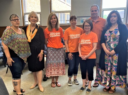 Madam Chair Corinne Pierog stands with members of the Kane Kendall Mothers Demand Action along with County Board Members Myrna Molina (right) and Anita Lewis (left).