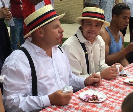 Past participants in the blueberry-pie-eating contest