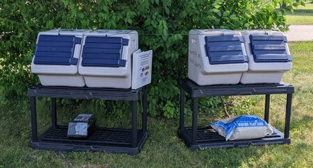 Four-bin self-service kiosk at the Fabyan Parkway Recycling Center for small hard-to-recycle items