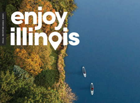 Cover featuring a full-page drone photo taken directly above Fabyan Forest Preserve in Geneva 