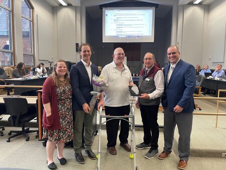 Stewardship Coordinator Dr. Heather Herakovich, Volunteer Coordinator Robb Cleave, Don Purn, Forest Preserve Commission Pres. Chris Kious, and Exec Director Benjamin Haberthur