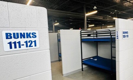 Hundreds of individual sleeping bunks are arranged in permanent semi non-congregate sleeping spaces providing guests comfort, privacy and dignity. Men and women have separate sleeping quarters with a common space for eating and socializing. 