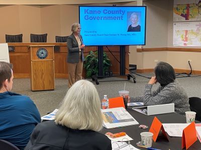 Kane County Board Chair Corinne Pierog presents at the Ted Spella Leadership School. 