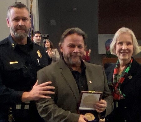 Kane County Sheriff Ron Hain, Lewis Medina, Kane County Board Chair Corinne Pierog