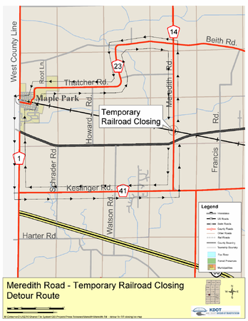 Union Pacific Railroad (UPRR) will close Meredith Road at the railroad crossing located approximately ¼ mile north of IL Route 38 in Virgil Township. 