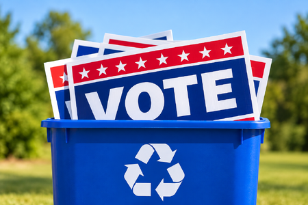 The campaign sign recycling program will run Nov. 4-15, 2026, at three designated drop-off locations