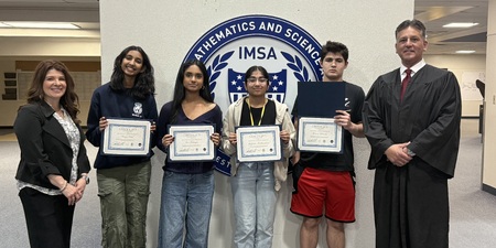 KCBF representative Ann Lob, IMSA Junior Sonya Patel, IMSA Sophomore Sree Chitrapu, IMSA Sophomore Malyada Medikundam, IMSA Sophomore Kieran Grey Edwards, and Chief Judge Robert Villa (Photo provided by Ann Lobb)