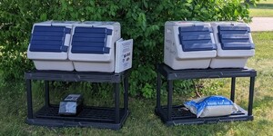 Four-bin self-service kiosk at the Fabyan Parkway Recycling Center for small hard-to-recycle items