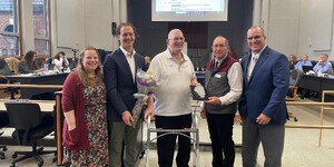 Stewardship Coordinator Dr. Heather Herakovich, Volunteer Coordinator Robb Cleave, Don Purn, Forest Preserve Commission Pres. Chris Kious, and Exec Director Benjamin Haberthur