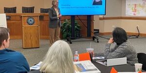 Kane County Board Chair Corinne Pierog presents at the Ted Spella Leadership School. 