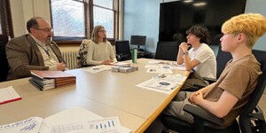 Kane County Division of Transportation officials Tom Rickert, Chief of State and Deputy Director of Transportation, and Gretchen Klock, Regional Planning Liaison/Bicycle and Pedestrian Liaison along with students Reed and Bryner