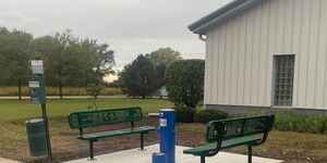 The fountain, located outside the KCAC facility at 4060 Keslinger Road in Geneva near a popular trail connected to Peck Farm